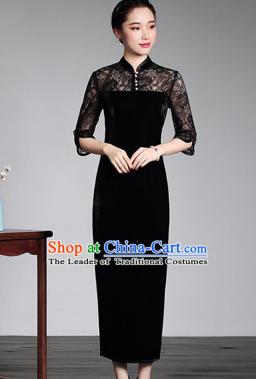 Traditional Chinese National Costume Black Lace Velvet Qipao, Top Grade Tang Suit Stand Collar Cheongsam Dress for Women