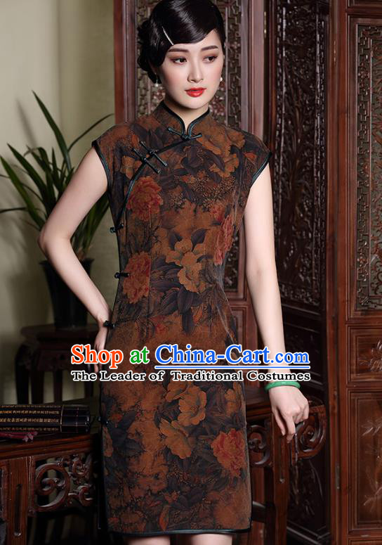Traditional Ancient Chinese Young Lady Printing Brown Silk Cheongsam, Republic of China Stand Collar Qipao Tang Suit Dress for Women