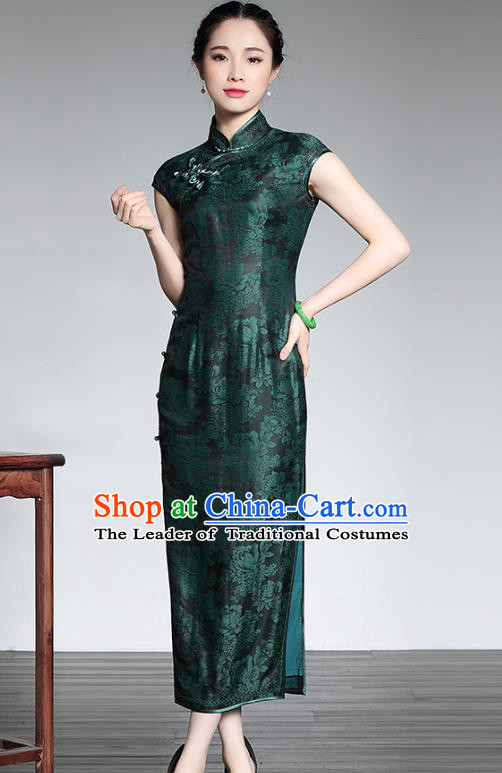 Traditional Ancient Chinese Young Lady Green Silk Cheongsam, Asian Republic of China Qipao Tang Suit Dress for Women