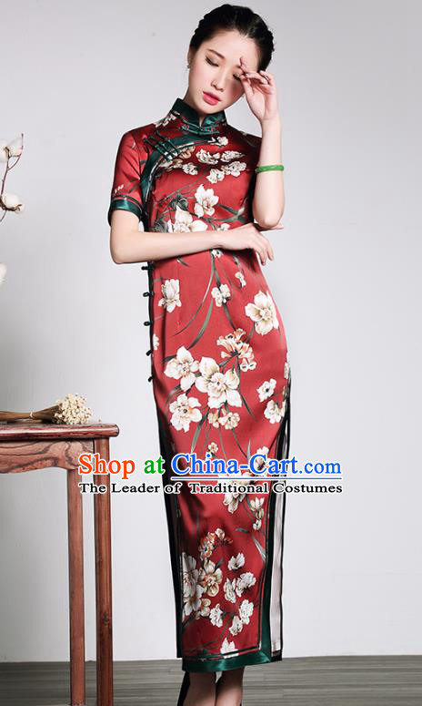 Traditional Ancient Chinese Young Lady Red Silk Cheongsam, Republic of China Stand Collar Qipao Tang Suit Dress for Women