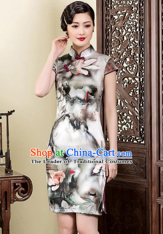 Traditional Ancient Chinese Young Lady Retro Ink Painting Lotus Silk Cheongsam, Asian Republic of China Qipao Tang Suit Dress for Women