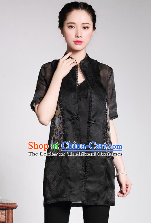Traditional Ancient Chinese Young Lady Retro Black Silk Cheongsam Blouse, Asian Republic of China Qipao Tang Suit  Upper Outer Garment  for Women
