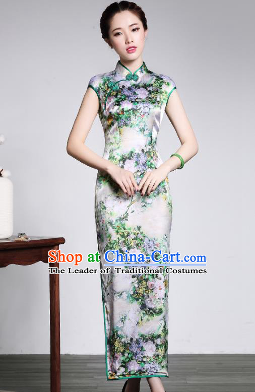 Traditional Ancient Chinese Young Lady Retro Printing Silk Long Cheongsam, Asian Republic of China Qipao Tang Suit  Dress for Women