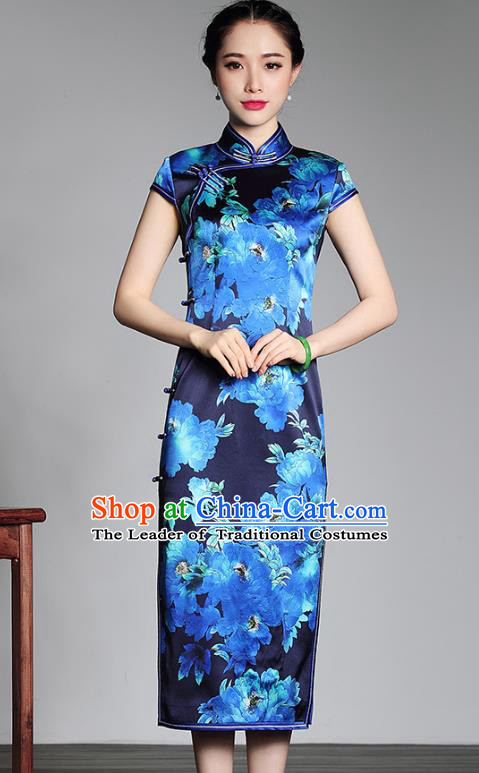 Asian Republic of China Top Grade Plated Buttons Printing Blue Silk Long Cheongsam, Traditional Chinese Tang Suit Qipao Dress for Women