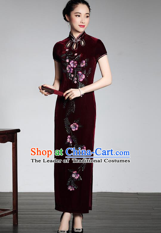 Top Grade Asian Republic of China Plated Buttons Wine Red Velvet Cheongsam, Traditional Chinese Tang Suit Qipao Dress for Women