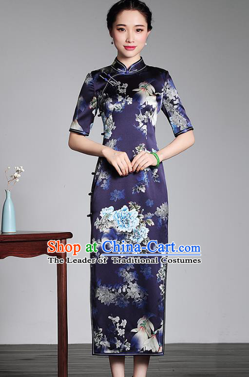 Top Grade Asian Republic of China Plated Buttons Silk Cheongsam, Traditional Chinese Tang Suit Printing Blue Qipao Dress for Women