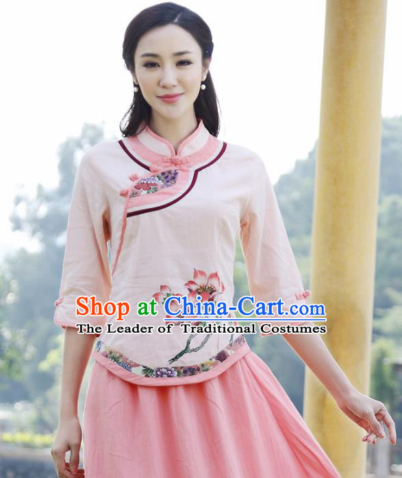 Asian China Hand Painting Pink Linen Cheongsam Blouse, Traditional Chinese Tang Suit Hanfu Shirts for Women