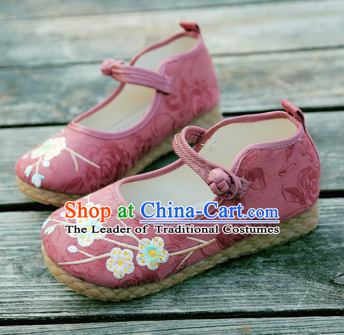 Traditional Chinese National Embroidered Shoes Pink Linen Shoes, China Handmade Hanfu Embroidery Wintersweet Flowers Shoes for Kids