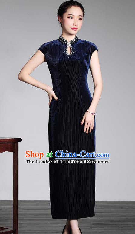 Asian Republic of China Young Lady Retro Plated Buttons Blue Velvet Cheongsam, Traditional Chinese Qipao Tang Suit Dress for Women