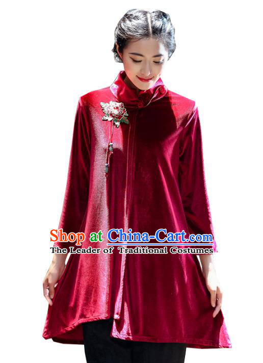 Asian China Embroidered Red Velvet Cheongsam Blouse, Traditional Chinese Tang Suit Hanfu Shirts for Women