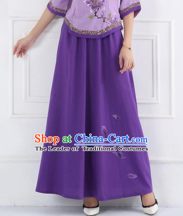 Asian China Hand Painting Linen Bust Skirt, Traditional Chinese Tang Suit Purple Skirts for Women