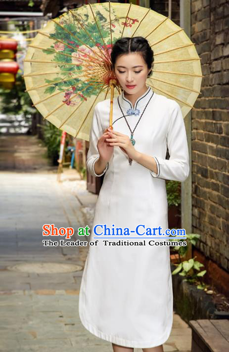 Asian China Hand Painting White Linen Cheongsam Dress, Traditional Chinese Tang Suit Hanfu Plated Button Qipao for Women