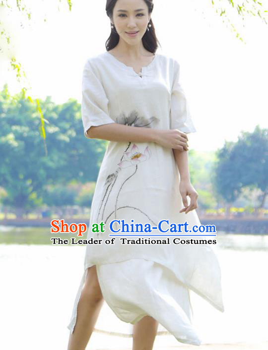 Asian China Top Grade Linen Hand Painting White Cheongsam, Traditional Chinese Tang Suit Hanfu Plated Button Qipao for Women