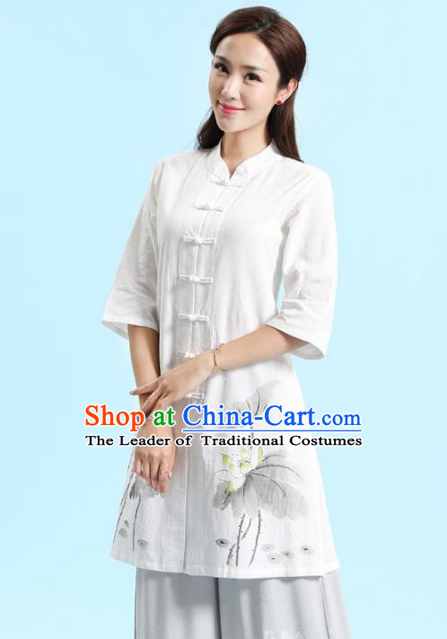 Asian China Top Grade White Linen Cheongsam Blouse, Traditional Chinese Tang Suit Hanfu Plated Button Qipao Shirts for Women