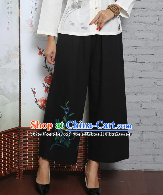 Traditional Chinese National Costume Loose Pants, Elegant Hanfu Black Linen Wide leg Pants, China Tang Suit Ultra-wide-leg Trousers for Women