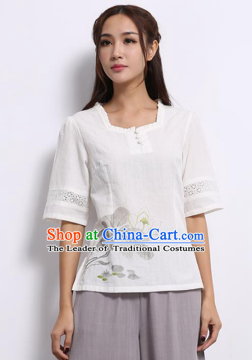 Asian China Top Grade White Linen Hand Ink Painting Lotus Cheongsam Blouse, Traditional Chinese Tang Suit Hanfu Plated Button Qipao Shirts for Women