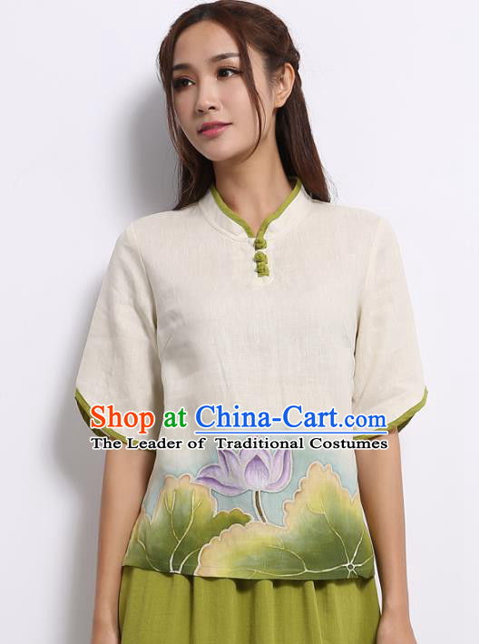 Asian China Top Grade White Linen Hand Painting Green Lotus Cheongsam Blouse, Traditional Chinese Tang Suit Hanfu Plated Button Qipao Shirts for Women