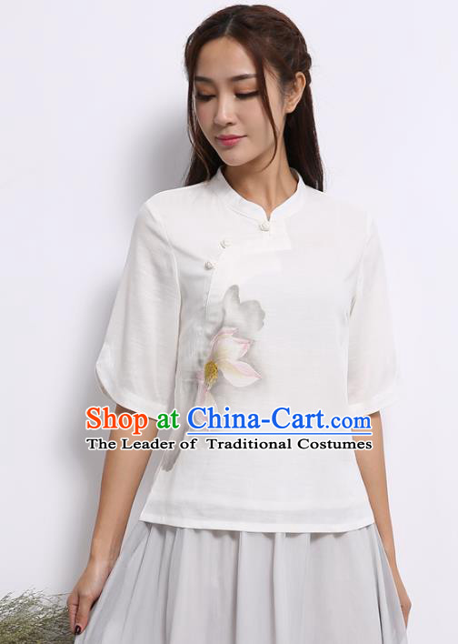 Asian China Top Grade White Linen Cheongsam Hand Painting Cheongsam Blouse, Traditional Chinese Tang Suit Hanfu Plated Button Qipao Shirts for Women