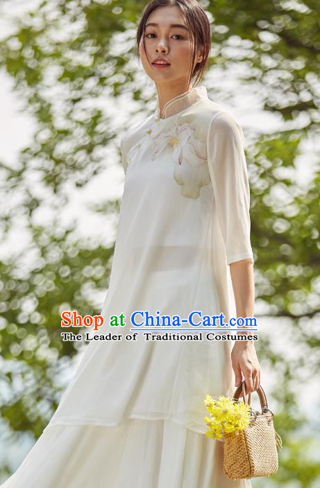 Asian China Top Grade White Chiffon Printing Cheongsam Blouse, Traditional Chinese Tang Suit Hanfu Plated Button Qipao Shirts for Women