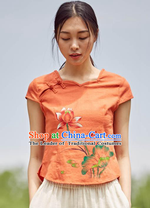 Asian China Top Grade Orange Linen Printing Lotus Cheongsam Blouse, Traditional Chinese Tang Suit Hanfu Plated Button Qipao Shirts for Women