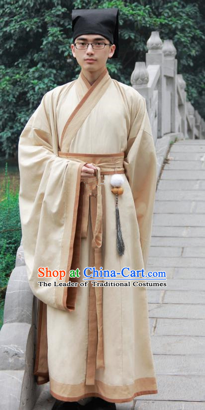 Asian China Han Dynasty Scholar Costume Yellow Long Robe, Traditional Chinese Ancient Chancellor Hanfu Clothing for Men