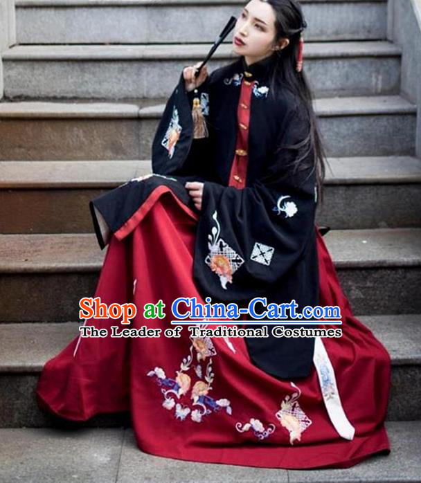 Asian China Ming Dynasty Princess Costume Embroidered Black Blouse and Red Skirt, Traditional Ancient Chinese Palace Lady Embroidery Clothing for Women