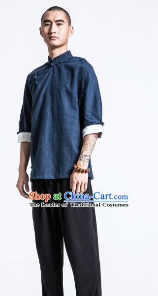 Asian China National Costume Slant Opening Navy Linen Shirts, Traditional Chinese Tang Suit Plated Buttons Upper Outer Garment Clothing for Men