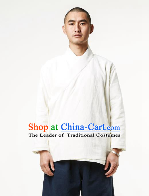 Asian China National Costume Slant Opening White Linen Shirts, Traditional Chinese Tang Suit Plated Buttons Upper Outer Garment Clothing for Men