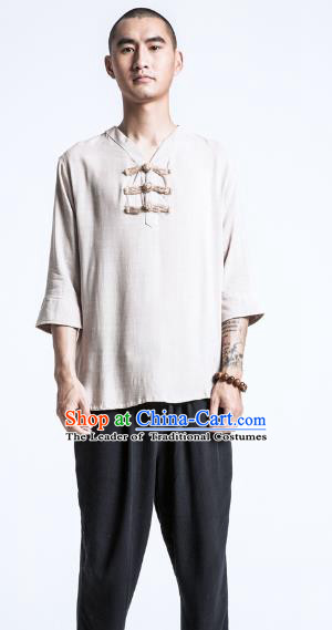 Asian China National Costume White Linen Shirts, Traditional Chinese Tang Suit Plated Buttons Upper Outer Garment Clothing for Men