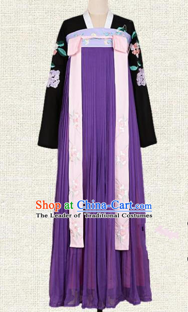Asian China Tang Dynasty Princess Embroidered Clothing Complete Set, Traditional Ancient Chinese Palace Lady Hanfu Purple Silp Skirt Costume for Women