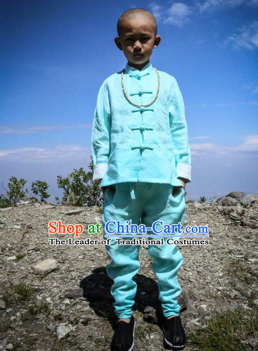 Asian China National Costume Green Linen Kung Fu Costume Martial Arts Clothing, Traditional Chinese Tang Suit Clothing for Kids