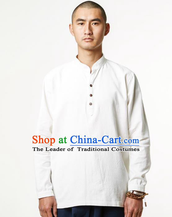Asian China National Costume White Linen Shirts, Traditional Chinese Tang Suit Upper Outer Garment Clothing for Men