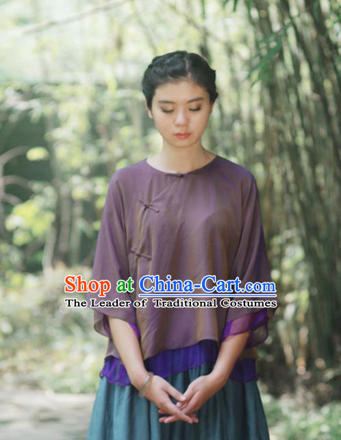 Asian China National Costume Slant Opening Purple Silk Hanfu Blouse, Traditional Chinese Tang Suit Cheongsam Shirts Upper Outer Garment Clothing for Women