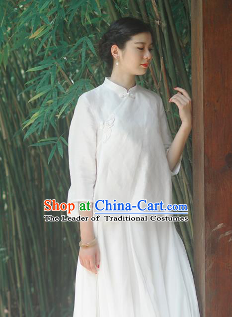 Asian China National Costume Slant Opening White Silk Hanfu Qipao Blouse, Traditional Chinese Tang Suit Cheongsam Shirts Upper Outer Garment Clothing for Women