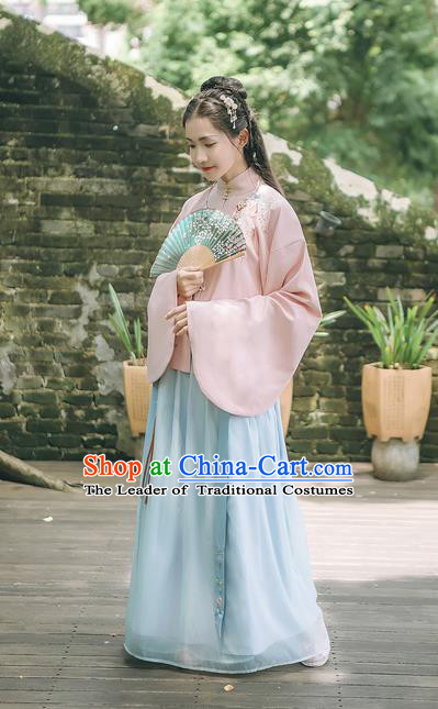 Asian China Ming Dynasty Princess Costume Embroidered Pink Blouse and Blue Skirt, Traditional Ancient Chinese Elegant Princess Hanfu Clothing for Women