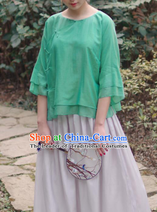 Asian China National Costume Slant Opening Green Silk Hanfu Qipao Shirts, Traditional Chinese Tang Suit Cheongsam Blouse Clothing for Women