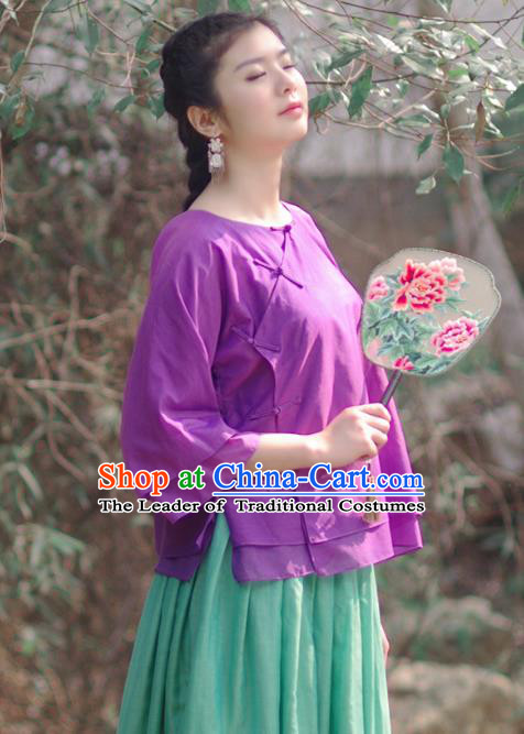 Asian China National Costume Slant Opening Deep Purple Silk Hanfu Qipao Shirts, Traditional Chinese Tang Suit Cheongsam Blouse Clothing for Women
