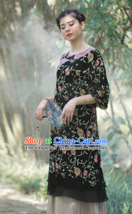 Asian China National Costume Hanfu Black Silk Embroidered Qipao Dress, Traditional Chinese Tang Suit Cheongsam Clothing for Women