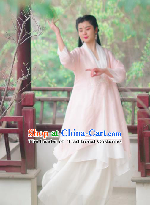Asian China National Costume Pink Silk Hanfu Robe, Traditional Chinese Tang Suit Cheongsam Shirts Upper Outer Garment Clothing for Women