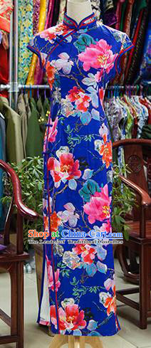 Traditional Ancient Chinese Republic of China Cheongsam, Asian Chinese Chirpaur Printing Flowers Blue Qipao Dress Clothing for Women