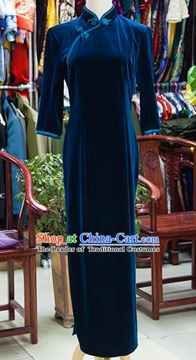 Traditional Ancient Chinese Republic of China Blue Velvet Cheongsam, Asian Chinese Chirpaur Qipao Dress Clothing for Women