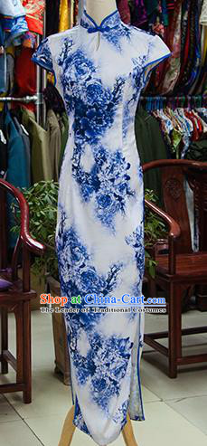 Traditional Ancient Chinese Republic of China Blue Printing Cheongsam, Asian Chinese Chirpaur Qipao Dress Clothing for Women