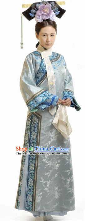 Traditional Ancient Chinese Imperial Consort Blue Costume, Chinese Qing Dynasty Manchu Palace Lady Embroidered Clothing for Women