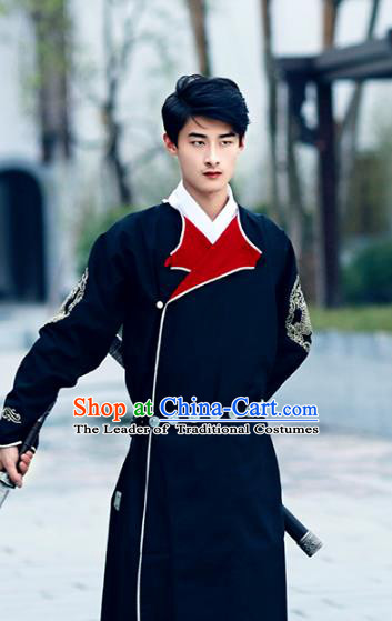 Traditional Ancient Chinese Swordsman Hanfu Costume Black Embroidered Robe, Asian China Tang Dynasty Imperial Bodyguard Clothing for Men