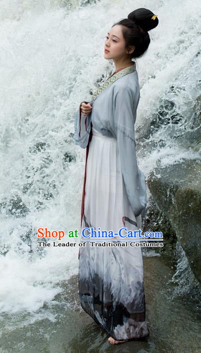 Traditional Ancient Chinese Palace Lady Hanfu Costume, Asian China Song Dynasty Imperial Princess Grey Dress Clothing for Women