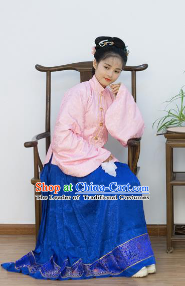 Traditional Chinese Ancient Costume Palace Lady Embroidered Pink Blouse and Skirt, Asian China Ming Dynasty Princess Hanfu Dress Clothing for Women