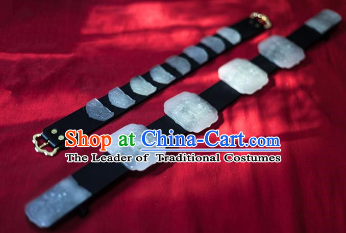 Traditional Ancient Chinese Emperor Hanfu Jade Belts, Asian China Ming Dynasty Imperial Guards Leather Waistband for Men