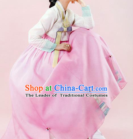 Traditional Korean Costumes Bride Wedding White Blouse and Pink Dress, Korea Hanbok Court Embroidered Clothing for Women
