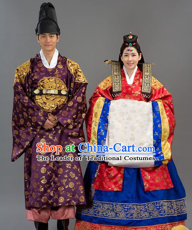 Traditional Korean Costumes Bride and Bridegroom Wedding Clothing Complete Set, Korea Hanbok Court Embroidered Clothing for Women for Men