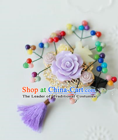 Traditional Korean Hair Accessories Purple Flowers Hair Stick, Asian Korean Hanbok Fashion Headwear Wedding Tassel Hair Claw for Kids